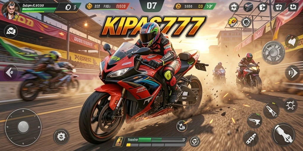 Tampilan gameplay KIPAS777 dengan trek balapan motor yang menantang.