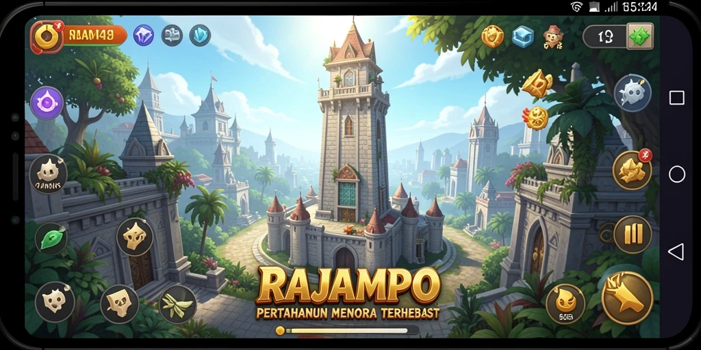 Tampilan seru gameplay RAJAMPO Tower Defense dengan menara yang strategis.